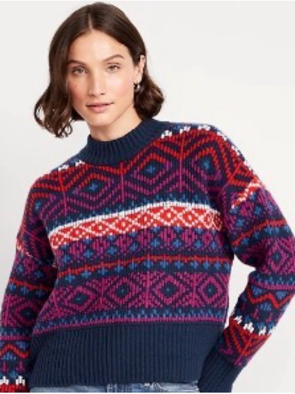 NWOT Old Navy Navy So Soft Mock Neck Fair Isle Crewneck Sweater